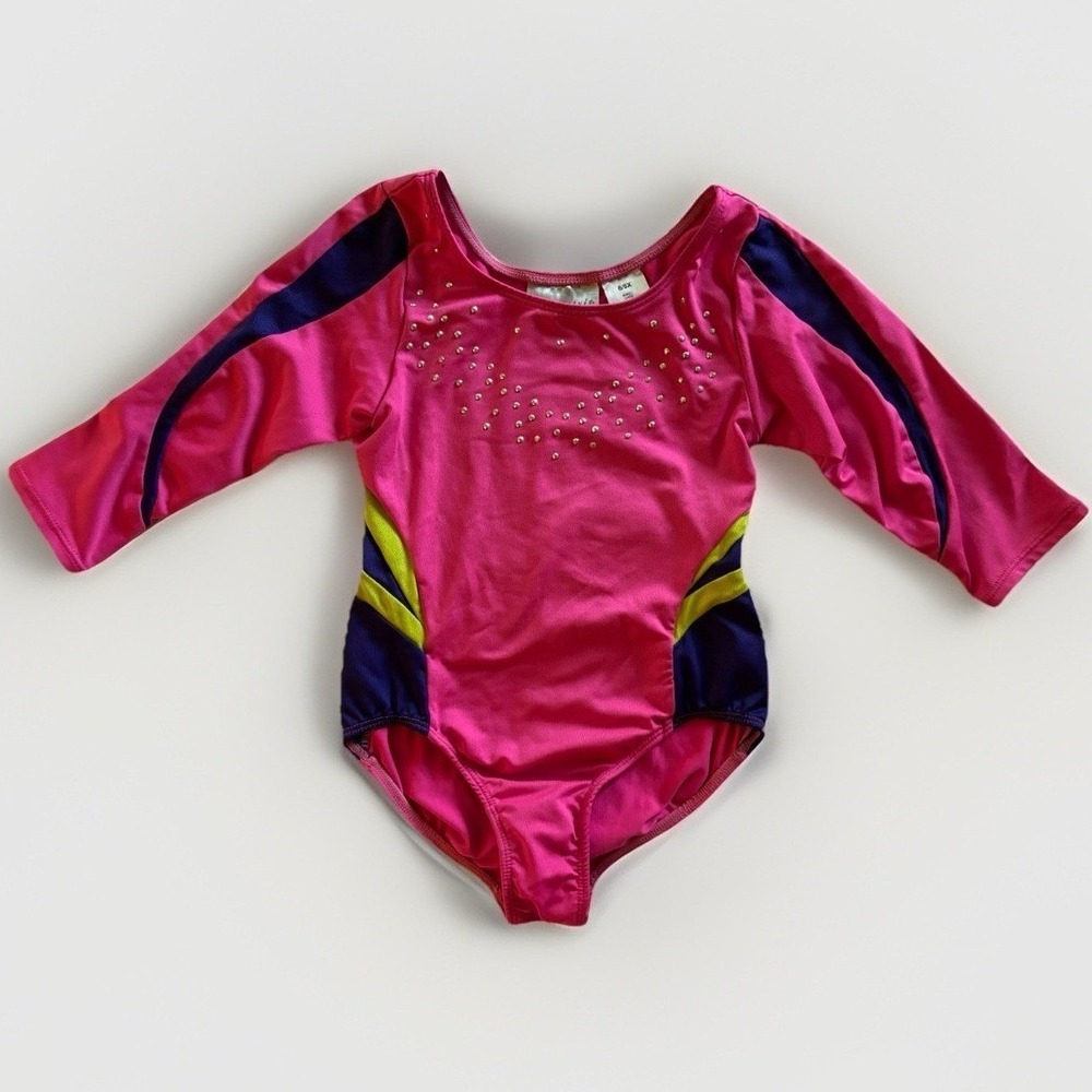 Freestyle Danskin Leotard Kids 6/6X Pink Rhinestone Long Sleeve Gymnastics Dance